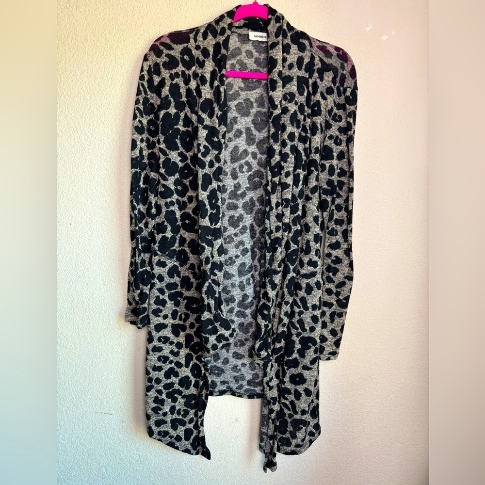 Adora Greige Leopard Animal Print Gauzy Open Front Waterfall Hem Cardigan M